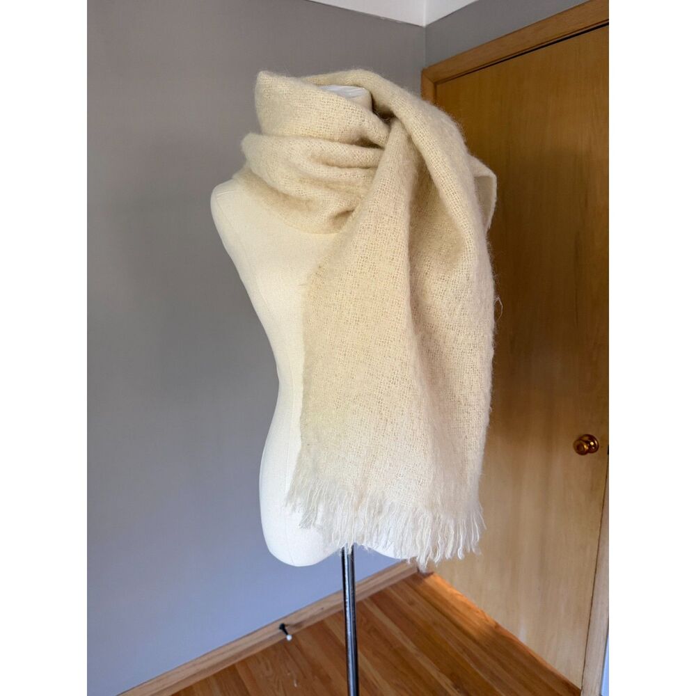Glentana VTG Wide Mohair Wool Shawl Scarf Wrap Stole Fringe Cream Ivory 17x70"